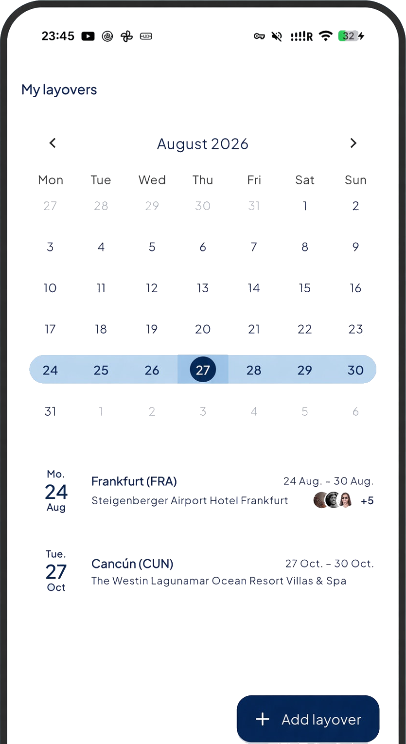 Kalender mit Layover in Frankfurt und Cancún