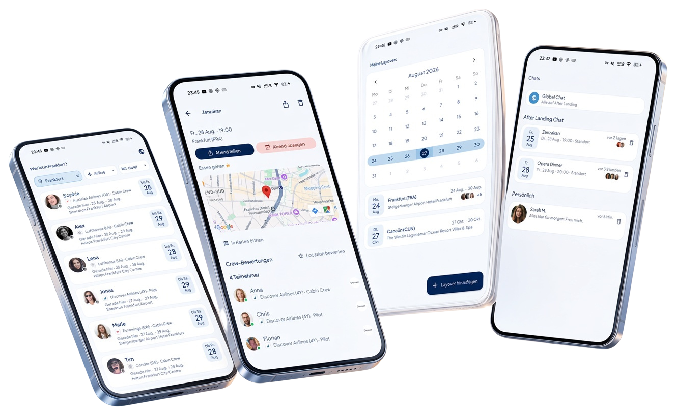 After Landing App auf vier iPhones: vor Ort, Abend, Kalender und Chats